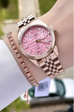 Ferrucci FCISTE286 Kadranı Pembe Kordonu Rose Renk Hediye Paketli Kadın Kol Saati ve Bileklik