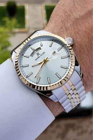 Daniel Klein DKISTE1170 Gold Gümüş Renk Hediye Paketli Takvim ve Gün Fonksiyonlu Erkek Kol Saati