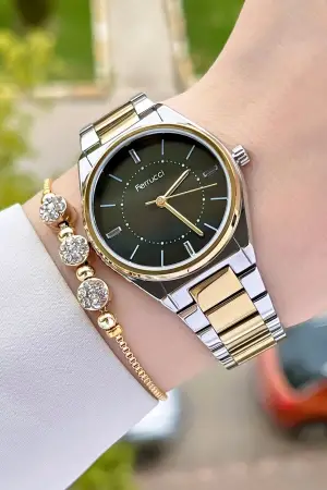 Ferrucci FCISTE285 Kadranı Koyu Yeşil Kordonu Gold Gümüş Renk Hediye Paketli Kadın Kol Saati ve Bileklik
