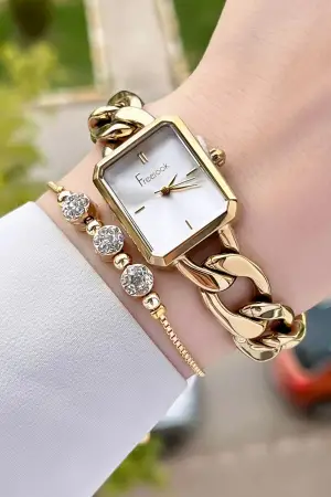 Freelook FLISTE40 Kadranı Gümüş Kordonu Gold Renk Zincirli Hediye Paketli 5 ATM Kadın Kol Saati ve Bileklik