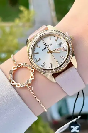 Daniel Klein DKISTE1204 Kasası Gold Kordonu Krem Renk Hediye Paketli Kadın Kol Saati ve Bileklik
