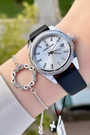 Daniel Klein DKISTE1205 Kasası Gümüş Kordonu Siyah Renk Hediye Paketli Kadın Kol Saati ve Bileklik