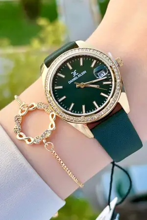 Daniel Klein DKISTE1203 Kasası Gold Kordonu Yeşil Renk Hediye Paketli Kadın Kol Saati ve Bileklik