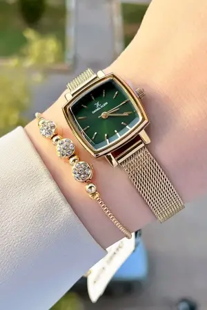Daniel Klein DKISTE1221 Kadranı Yeşil Kordonu Gold Renk Hediye Paketli Kadın Kol Saati ve Bileklik