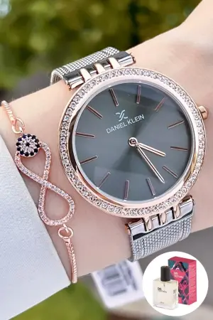 Daniel Klein DK1ISTE1223 Kasası Rose Kordonu Gümüş Renk Kadın Kol Saati Bileklik ve Parfüm Hediyeli