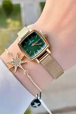 Daniel Klein DKISTE1221 Kadranı Yeşil Kordonu Gold Renk Hediye Paketli Kadın Kol Saati ve Bileklik