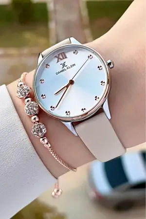Daniel Klein DKISTE1328 Kasası Rose Gümüş Kordonu Krem Renk Hediye Paketli Kadın Kol Saati ve Bileklik