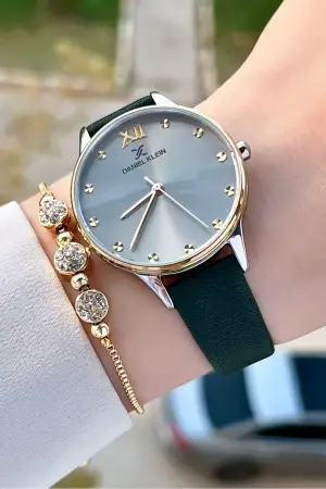 Daniel Klein DKISTE1332 Kasası Gold Gümüş Kordonu Yeşil Renk Hediye Paketli Kadın Kol Saati ve Bileklik