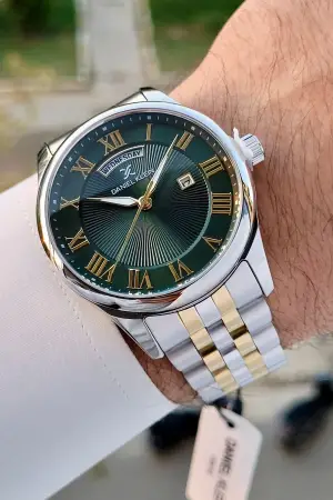 Daniel Klein DKISTE1288 Kadranı Yeşil Kordonu Gold Gümüş Renk Takvim ve Gün Fonksiyonlu Hediye Paketli Erkek Kol Saati