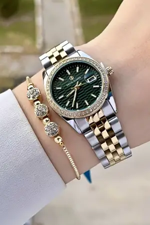 DAVID GUNER DGISTE102 Kadranı Yeşil Kordonu Gold Gümüş Renk Hediye Paketli Kadın Kol Saati ve Bileklik