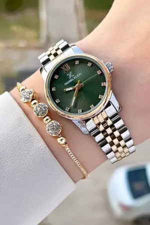 Daniel Klein DKISTE1310 Kadranı Yeşil Gold Gümüş Renk Hediye Paketli Kadın Kol Saati ve Bileklik