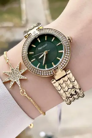 Ferrucci FCISTE301 Kadranı Yeşil Kordonu Gold Renk Hediye Paketli Kadın Kol Saati ve Bileklik