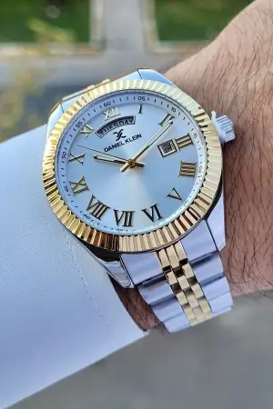 Daniel Klein DKISTE1398 Gold Gümüş Renk Takvim ve Gün Fonksiyonlu Hediye Paketli Erkek Kol Saati