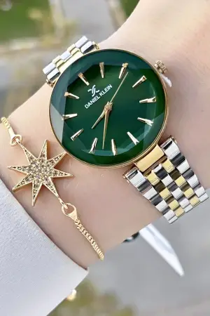 Daniel Klein DKISTE1409 Kadranı Yeşil Kordonu Gold Gümüş Renk Hediye Paketli Kadın Kol Saati ve Bileklik