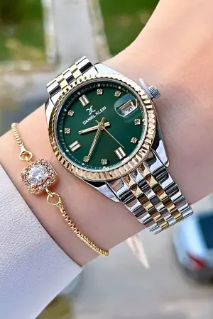 Daniel Klein DKISTE1408 Kadranı Yeşil Kordonu Gold Gümüş Renk Hediye Paketli Kadın Kol Saati + Bileklik