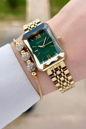 Ferrucci FCISTE319 Kadranı Yeşil Korodnu Gold Renk Kadın Kol Saati ve Bileklik