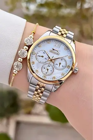 Slazenger SLISTE18 Gold Gümüş Renk 2 Yıl Garantili Kadın Kol Saati ve Bileklik