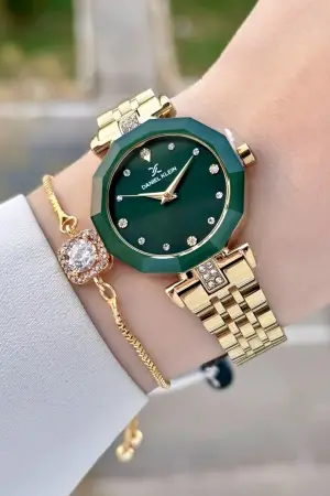 Kadranı Yeşil Kordonu Gold Renk Kadın Kol Saati ve Bileklik
