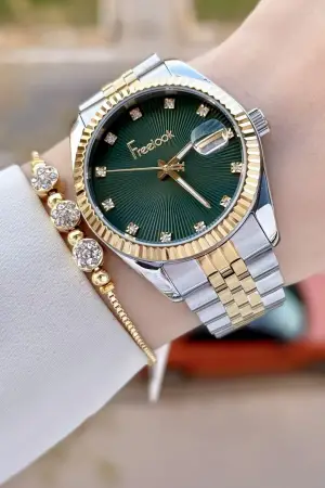 Kadranı Yeşil Kordonu Gold Gümüş Renk 5 ATM Kadın Kol Saati ve Bileklik