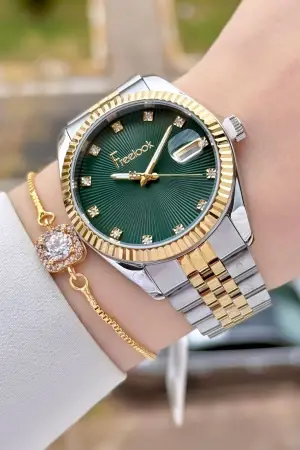 Freelook FLISTE44 Kadranı Yeşil Kordonu Gold Gümüş Renk Kadın Kol Saati ve Bileklik