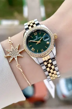 Daniel Klein DKISTE1541 Kadranı Yeşil Kordonu Gold Gümüş Renk 28 mm Kristal Cam Kadın Kol Saati ve Bileklik