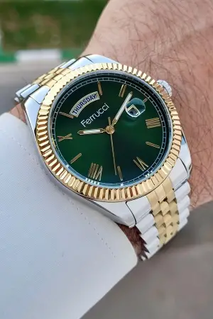 Ferrucci FCISTE322 Kadranı Yeşil Kordonu Gold Gümüş Renk 40 mm Erkek Kol Saati