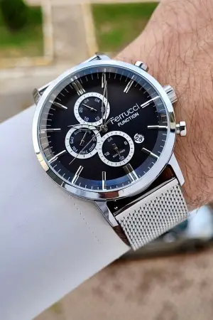 Ferrucci FCISTE325 Kadranı Siyah Kordonu Gümüş Renk 44 mm Erkek Kol Saati
