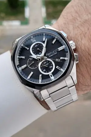 Ferrucci FCISTE323 Kadranı Siyah Kordonu Gümüş Renk Erkek Kol Saati