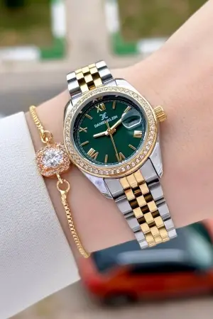 Kadranı Yeşil Kordonu Gold Gümüş Renk 28 mm Kristal Cam Kadın Kol Saati ve Bileklik