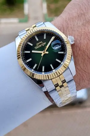 Slazenger SLISTE24 Kadranı Yeşil  Kordonu Gold Gümüş Renk Erkek Kol Saati