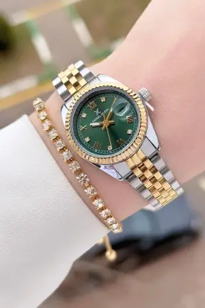 Daniel Klein DKISTE1580 Kadranı Yeşil Kordonu Gold Gümüş Renk 28 mm Kadın Kol Saati ve Bielklik