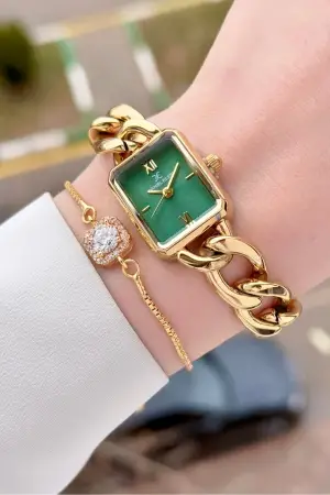 Daniel Klein DKISTE1590 Kadranı Yeşil  Kordonu Gold Renk Kadın Kol Saati ve Bielklik