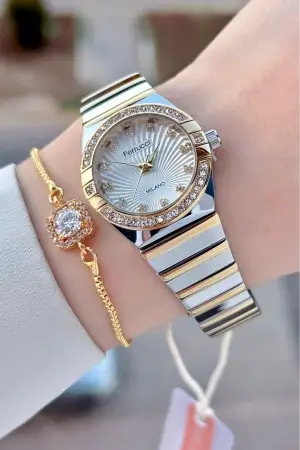 Gold Gümüş Renk 28 Mm Kadın Kol Saati Ve Bileklik