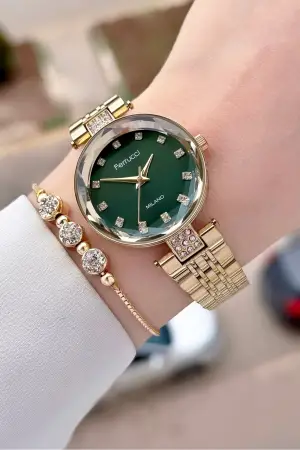Kadranı Yeşil Kordonu Gold Renk 32 Mm Kadın Kol Saati Ve Bileklik