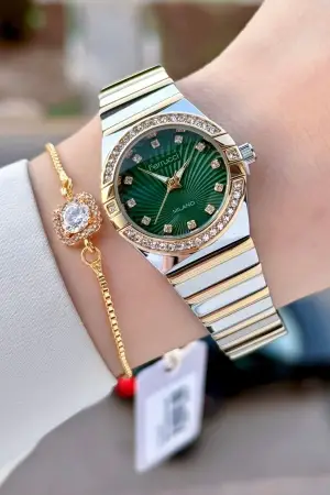 Kadranı Yeşil Gold Gümüş Renk 28 Mm Kadın Kol Saati Ve Bileklik