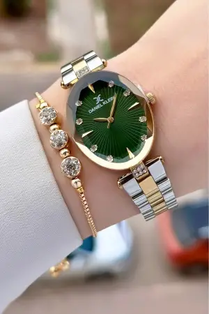 Kadranı Yeşil Kordonu Gold Gümüş Renk Kadın Kol Saati Ve Bileklik