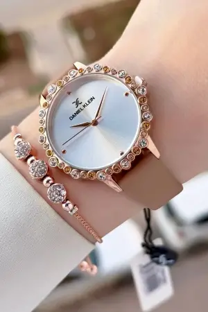 Kasası Rose Kordonu Vizon Renk Kadın Kol Saati Ve Bileklik