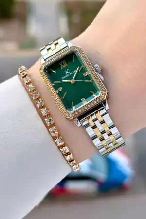 Kadranı Yeşil Kordonu Gold Gümüş Renk Kadın Kol Saati Ve Bileklik