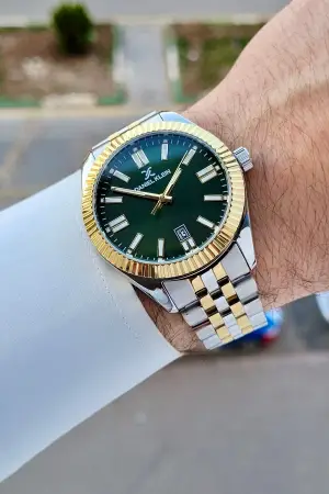 Kadranı Yeşil Kordonu Gold Gümüş Renk Takvimli Erkek Kol Saati