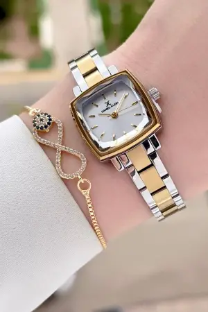 Gold Gümüş Renk Hediye Paketli Kadın Kol Saati Ve Bileklik
