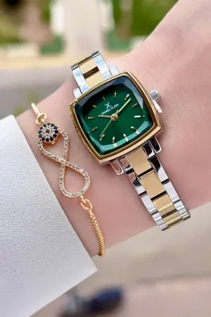 Kadranı Yeşil Gold Gümüş Renk Hediye Paketli Kadın Kol Saati Ve Bileklik