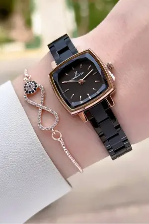 Rose Siyah Renk Kadın Kol Saati Ve Bileklik