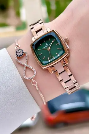Kadranı Yeşil Kordonu Rose Renk Kadın Kol Saati Ve Bileklik