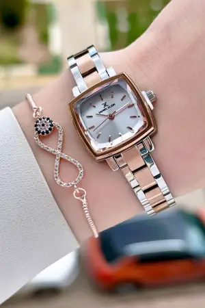 Rose Gümüş Renk Kadın Kol Saati Ve Bileklik