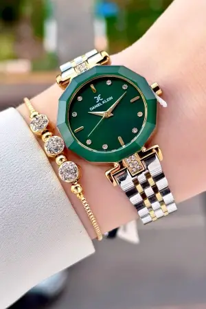 Kadranı Yeşil Kordonu Gold Gümüş Renk 30 Mm Kadın Kol Saati Ve Bileklik