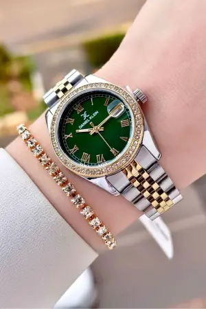 Kadranı Yeşil Kordonu Gold Gümüş Renk 32,5 Mm Takvimli Kadın Kol Saati Ve Bileklik