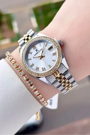 Gold Gümüş Renk 32,5 Mm Takvimli Kadın Kol Saati Ve Bileklik