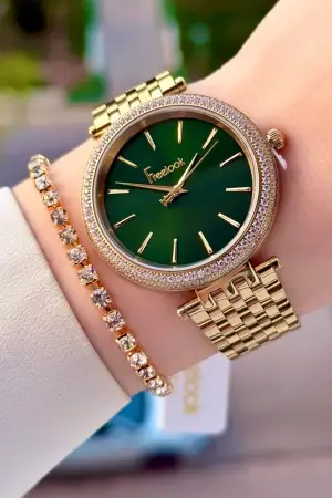 Kadranı Yeşil Kordonu Gold Renk 38 mm Kadın Kol Saati ve Bileklik