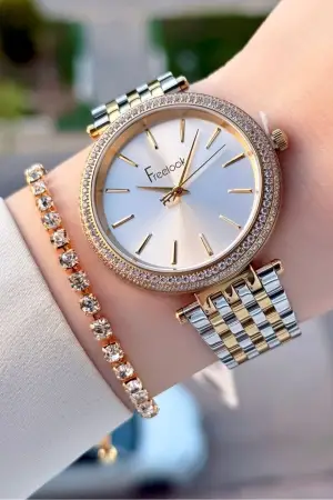 Gold Gümüş Renk 38 mm Kadın Kol Saati ve Bileklik