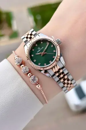 Kadranı Yeşil Kordonu Rose Gümüş Renk Hediye Paketli Kadın Kol Saati Ve Bileklik